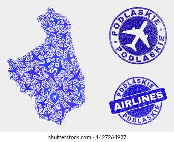 Aviation vector Podlaskie Voivodeship map collage and grunge seals. Abstract Podlaskie Voivodeship map is composed with blue flat random aviation symbols and map pointers.