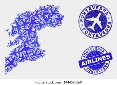 Aviation vector Pontevedra Province map mosaic and scratched stamps. Abstract Pontevedra Province map is constructed of blue flat random airlines symbols and map locations.