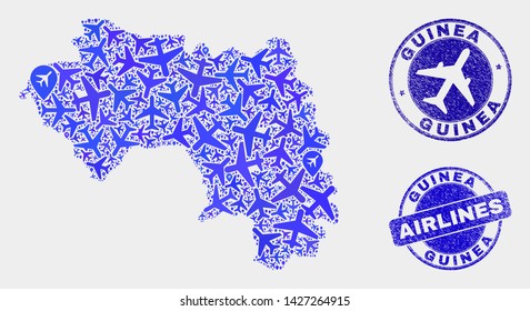Aviation vector Republic of Guinea map collage and grunge seals. Abstract Republic of Guinea map is done from blue flat random aviation symbols and map markers. Shipping plan in blue colors,