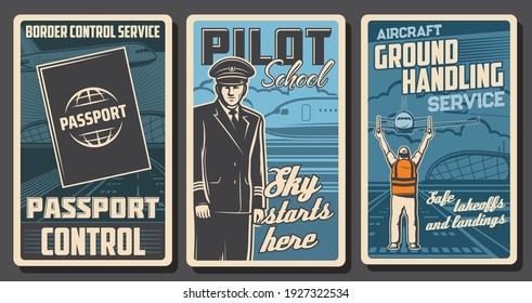 Aviation vector retro posters. Passenger airlines passport or border control service, pilot school and aircraft ground handling. Vintage cards with airplane landing on runway near airport building