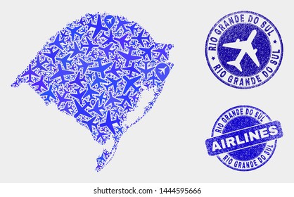 Aviation vector Rio Grande do Sul State map collage and grunge seals. Abstract Rio Grande do Sul State map is designed from blue flat random air plane symbols and map markers.