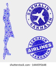 Aviation vector Sakhalin Island map mosaic and grunge seals. Abstract Sakhalin Island map is formed of blue flat scattered aviation symbols and map pointers. Shipping plan in blue colors,