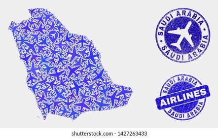 Aviation vector Saudi Arabia map composition and grunge stamps. Abstract Saudi Arabia map is designed with blue flat randomized aviation symbols and map pointers. Shipping plan in blue colors,