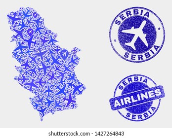 Aviation vector Serbia map composition and scratched stamps. Abstract Serbia map is composed of blue flat randomized airlines symbols and map locations. Transport plan in blue colors,