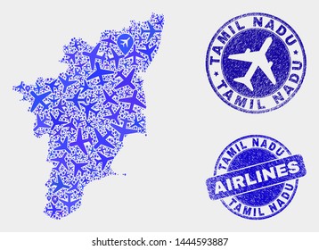Aviation vector Tamil Nadu State map collage and grunge seals. Abstract Tamil Nadu State map is organized with blue flat randomized aviation symbols and map locations. Shipping plan in blue colors,