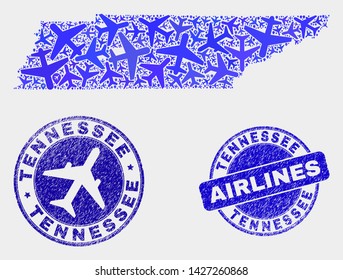 Aviation vector Tennessee State map mosaic and grunge watermarks. Abstract Tennessee State map is composed of blue flat randomized aviation symbols and map pointers. Delivery plan in blue colors,