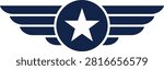 Aviation wings badge icon with star, for military pilot crest, air force shield emblem, navy aircraft logo, isolated design