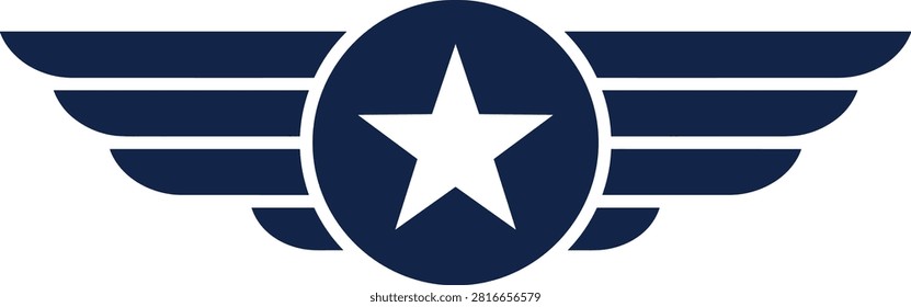 Aviation wings badge icon with star, for military pilot crest, air force shield emblem, navy aircraft logo, isolated design