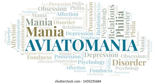 Aviatomania word cloud. Type of mania, made with text only.