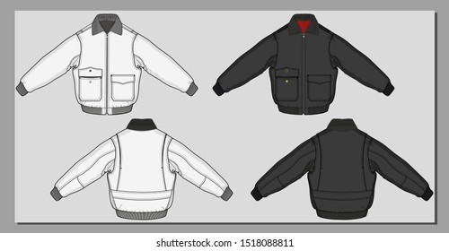 Aviator flying jacket sketch. Leather jacket. Padded biker jacket in black leather and red lining. Fur collar winter jacket. Fashion flat illustration.