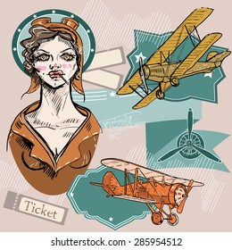 Aviator girl with retro airplanes and labels