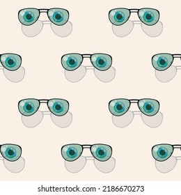 Aviator glasses with black frame with green glass on beige background and blue eyes, seamless pattern illustration.