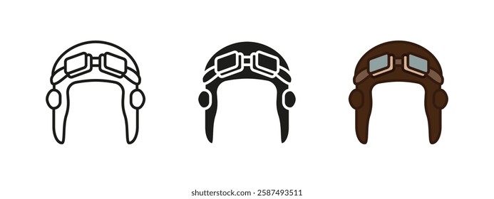 Aviator helmet icon. Classic pilot headgear for flight safety. Vintage aviation helmet vector illustration. Protective goggles and leather cap for air travel. Retro aviation gear for sky exploration.