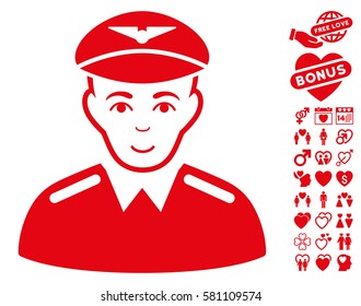 Aviator icon with bonus dating icon set. Vector illustration style is flat iconic red symbols on white background.