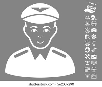 Aviator icon with bonus nanocopter service pictures. Vector illustration style is flat iconic white symbols on gray background.