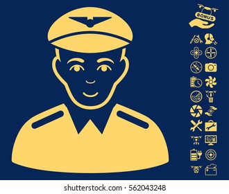 Aviator icon with bonus quadrocopter service design elements. Vector illustration style is flat iconic yellow symbols on blue background.