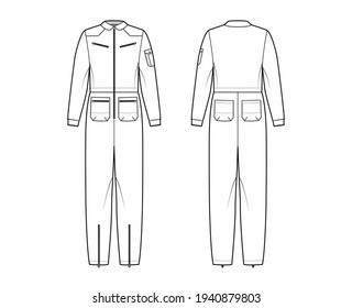 Aviator jumpsuit overall dungarees technical fashion illustration with full length, normal waist, zipper pockets, oversized. Flat apparel front back, white color style. Women, men unisex CAD mockup