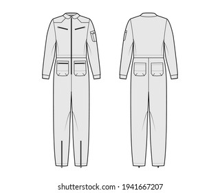 Aviator jumpsuit overall dungarees technical fashion illustration with full length, normal waist, zipper pockets, oversized. Flat apparel front back, grey color style. Women, men unisex CAD mockup