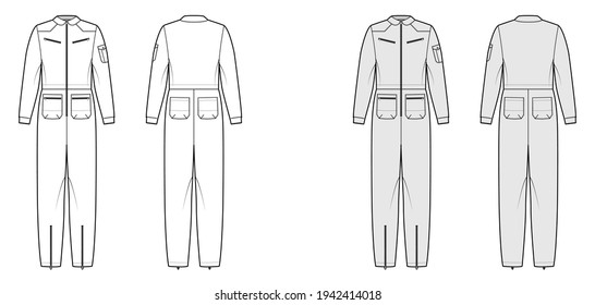 Aviator jumpsuit overall dungarees technical fashion illustration with full length, normal waist, zipper pockets, oversized. Flat apparel front back, white, grey color. Women, men unisex CAD mockup