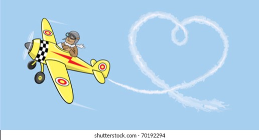 Aviator in love.Pilot by the plane draws heart in the sky