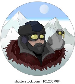 Aviator man and a eagle Vector illustration. Cartoon character. Winter Mountains backgrounds