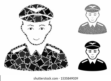 Aviator mosaic of unequal items in variable sizes and color tints, based on aviator icon. Vector unequal pieces are composed into mosaic. Aviator icons collage with dotted pattern.