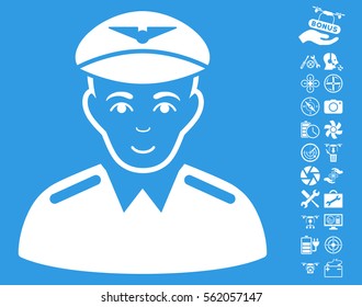 Aviator pictograph with bonus flying drone service pictures. Vector illustration style is flat iconic white symbols on blue background.