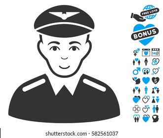 Aviator pictograph with bonus marriage design elements. Vector illustration style is flat iconic blue and gray symbols on white background.