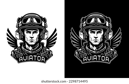 Aviator pilot logo, black and white flat vector illustration