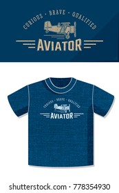 Aviator Retro Style Inverted Logo Lettering and Vintage Aircraft with Application Example on Jeans T-Shirt Vector Template - White on Blue Denim Background - Flat Contrast Graphic Design
