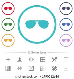 Aviator sunglasses flat color icons in circle shape outlines. 12 bonus icons included.