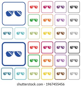 Aviator sunglasses with glosses color flat icons in rounded square frames. Thin and thick versions included.