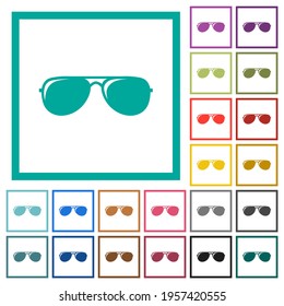 Aviator sunglasses with glosses flat color icons with quadrant frames on white background
