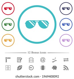 Aviator sunglasses with glosses flat color icons in circle shape outlines. 12 bonus icons included.