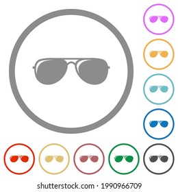 Aviator sunglasses with glosses flat color icons in round outlines on white background