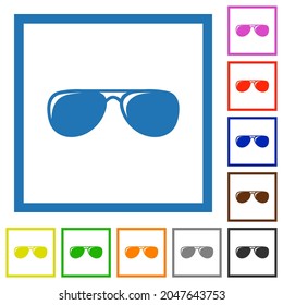 Aviator sunglasses with glosses flat color icons in square frames on white background