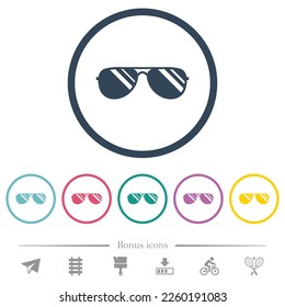 Aviator sunglasses with glosses flat color icons in round outlines. 6 bonus icons included.