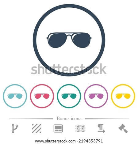 Aviator sunglasses with glosses flat color icons in round outlines. 6 bonus icons included.
