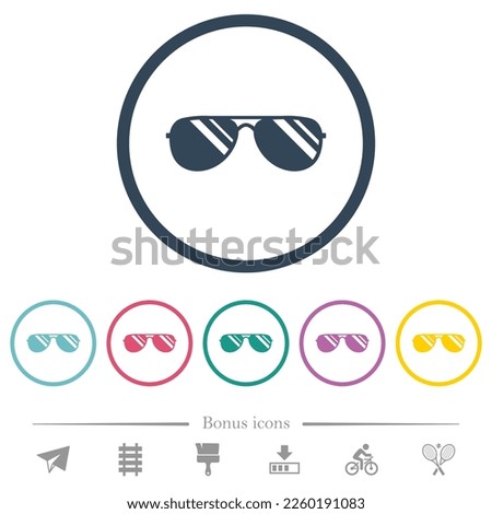 Aviator sunglasses with glosses flat color icons in round outlines. 6 bonus icons included.