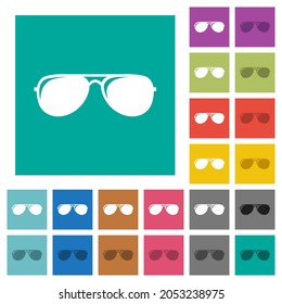 Aviator sunglasses with glosses multi colored flat icons on plain square backgrounds. Included white and darker icon variations for hover or active effects.