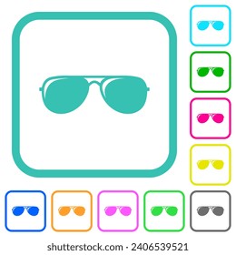 Aviator sunglasses with glosses vivid colored flat icons in curved borders on white background