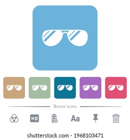 Aviator sunglasses with glosses white flat icons on color rounded square backgrounds. 6 bonus icons included