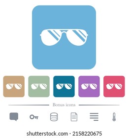 Aviator sunglasses with glosses white flat icons on color rounded square backgrounds. 6 bonus icons included