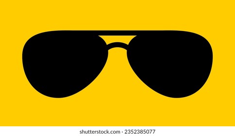 Aviator sunglasses isolated on a yellow background. Sun protection glasses icon. Black police shades. Trendy classic Eyewear fashion. Pilot glasses symbol. Graphic design element. Vector illustration