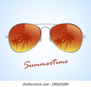 aviator sunglasses with palms reflection vector illustration background