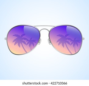 Aviator Sunglasses with Palms Reflection Vector Illustration Background