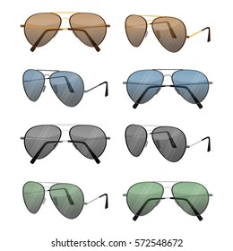 Aviator sunglasses set isolated on white. Dark brown reflective lense with very thin metal frames with double bridge and bayonet earpieces or flexible cable temples that hook behind ears