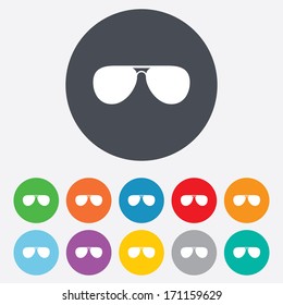 Aviator Sunglasses Sign Icon. Pilot Glasses Button. Round Colourful 11 Buttons. Vector