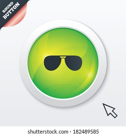 Aviator sunglasses sign icon. Pilot glasses button. Green shiny button. Modern UI website button with mouse cursor pointer. Vector