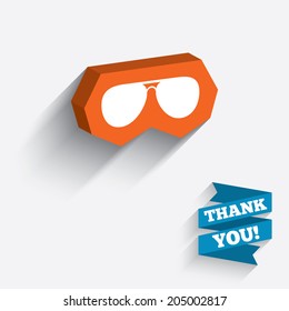 Aviator sunglasses sign icon. Pilot glasses button. White icon on orange 3D piece of wall. Carved in stone with long flat shadow. Vector